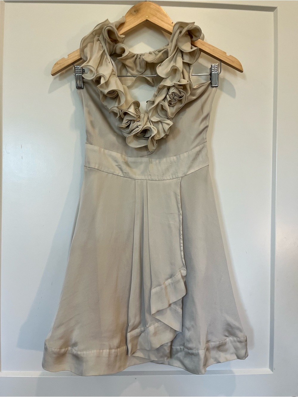Bebe Y2K 100% silk ruffle halter top fit n flare fairy ethereal feminine dress